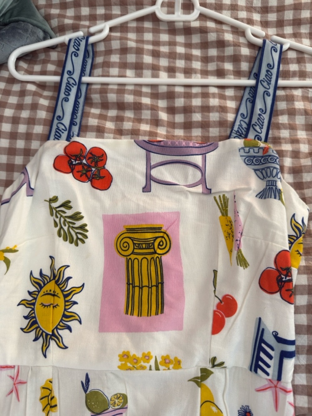 White Printed linen Sundress with Italian Motifs - Picture 2 of 5